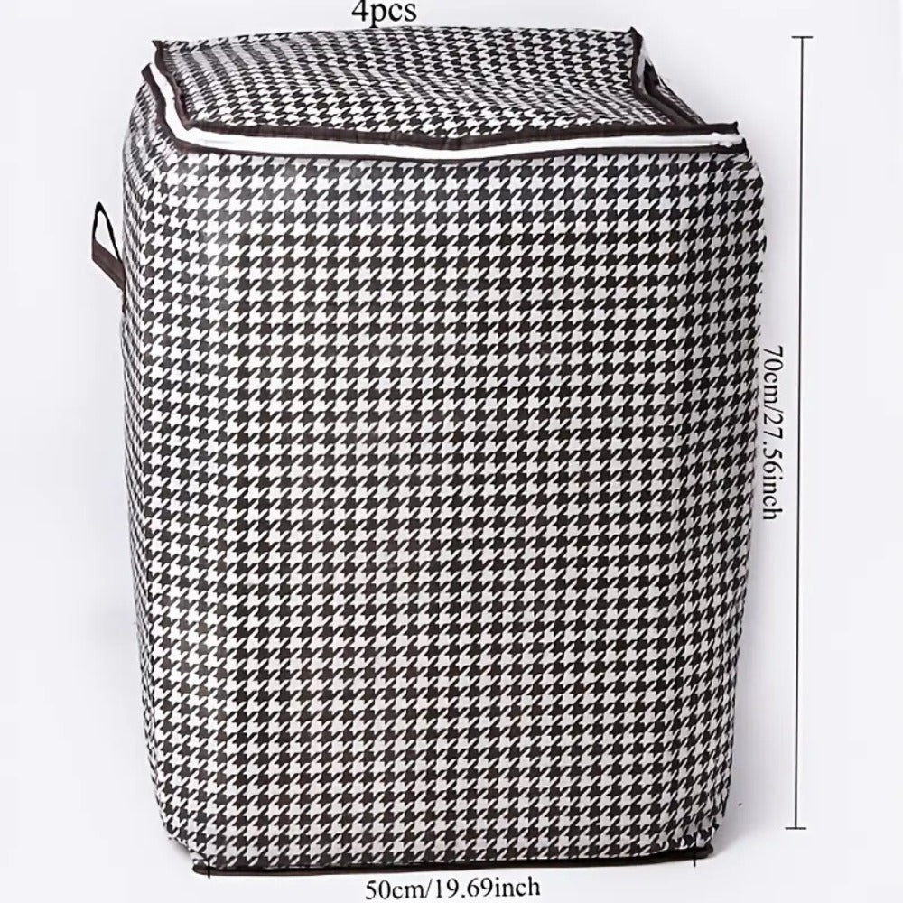 Four-Piece Houndstooth Fabric Storage Box Set with Handles, Double Zippers and Black-and-White Pattern